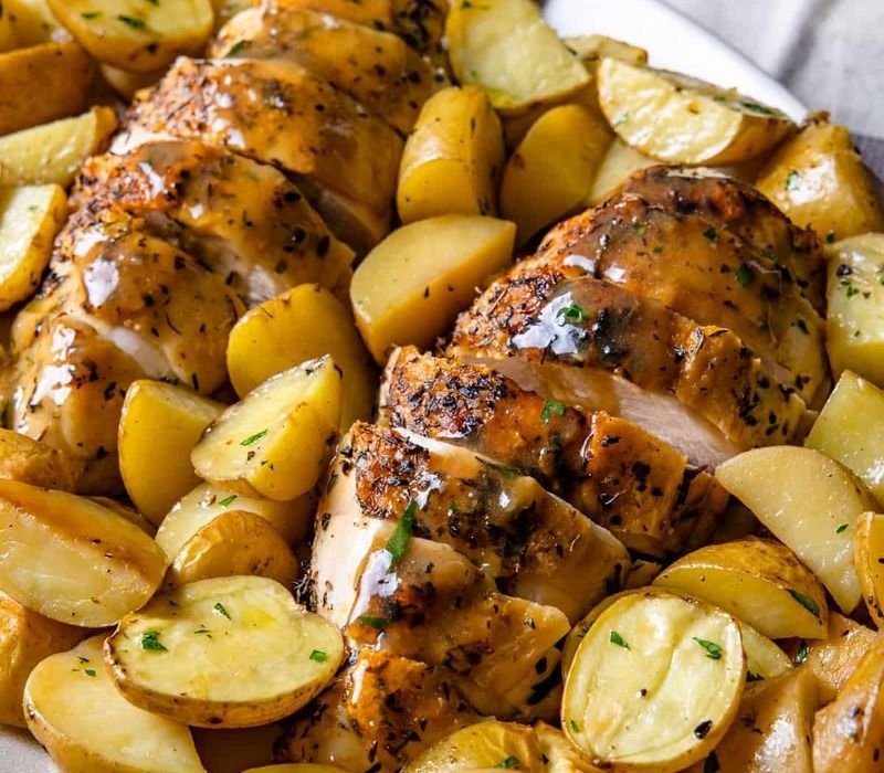 Iron Skillet Entire Cooked Chicken with Potatoes